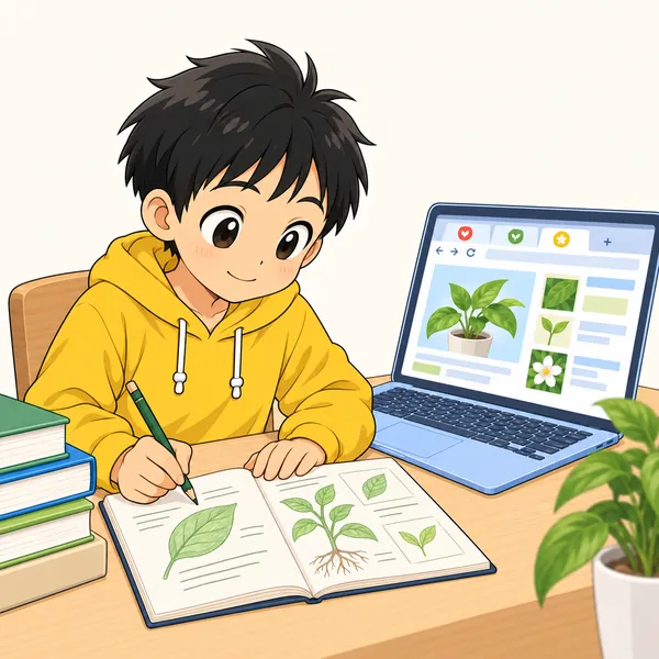ハルがすっきりした画面で、ノートに調べたことを書き写している