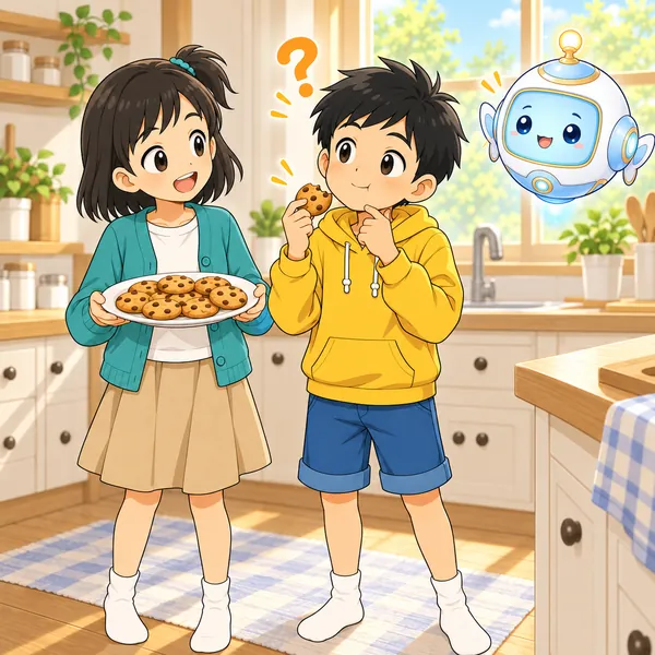 ハルがクッキーを手に、食べ物を売る決まりはないのかと首をかしげている。