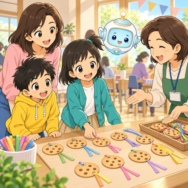 ミオが母と主催の大人に聞いたあと、クッキーの形のしおりをならべている。