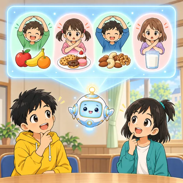 AIロボットが、それぞれちがう食べ物に、まる・ばつを出す子どもたちの絵を見せている。