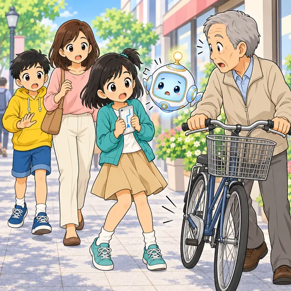 自転車を押すおじいさんとミオがぶつかりそうになり、はっと止まっている。