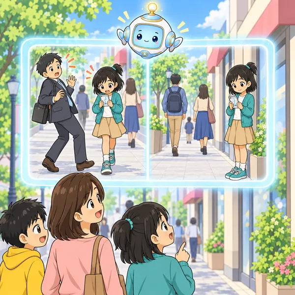 AIロボットが、道のまん中で画面を見る絵と、道のはしで止まって見る絵を窓に見せている。