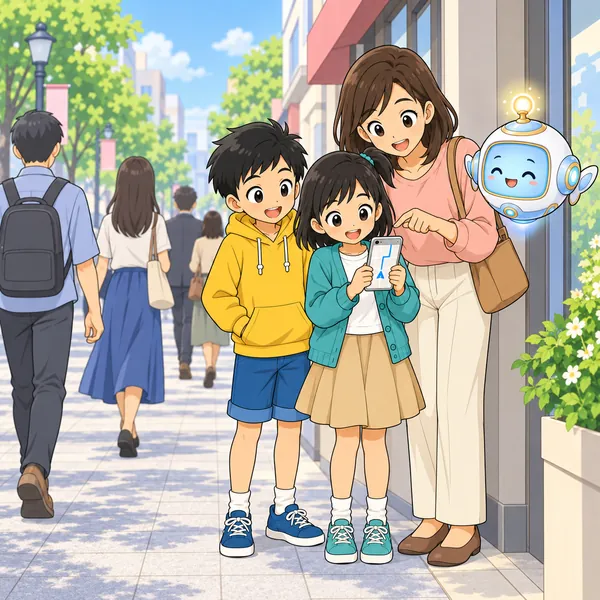 ミオが道のはしに立ち止まり、お母さんといっしょに道案内を確かめている。