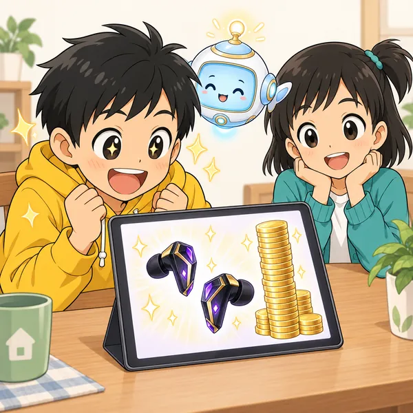 ハルがタブレットで通販サイトを見て、とても高いキラキラしたゲーム用イヤホンに目をかがやかせている