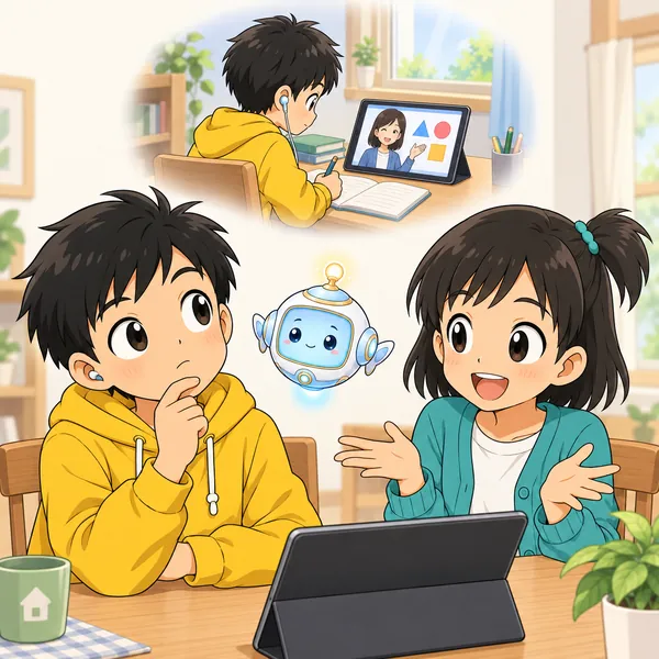 ミオが「なにに使うの?」と聞き、ハルが家で宿題の動画を聞く場面を思いうかべている