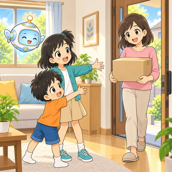 夕方、お母さんが玄関の前の箱をかかえて帰ってきて、ミオと弟がむかえている。