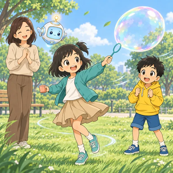 公園で、ミオがくるっと回りながら輪をふり、大きなシャボン玉ができている。
