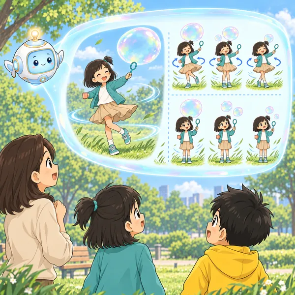 AIロボットが、大きな玉のときに風がふいていた絵と、回る・回らないを比べる絵を窓に見せている。