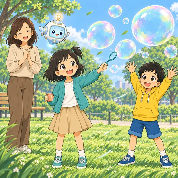 やさしい風のとき、回らずに輪を向けると大きなシャボン玉ができ、ふたりがよろこんでいる。