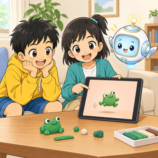ミオが、ねんどのかえるがジャンプするアニメを再生し、ハルが見ている。