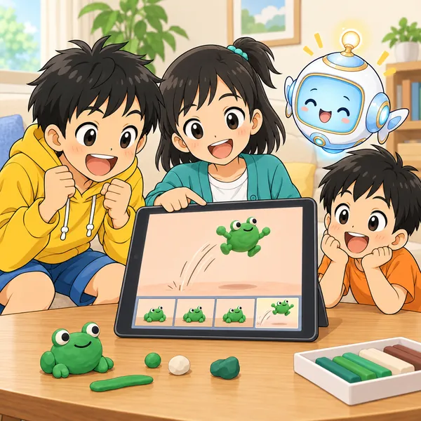ためてからとぶアニメを再生し、ハルとミオの弟がわくわくして見ている。