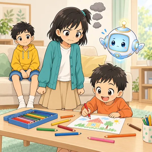 弟がミオの色えんぴつを勝手に使い、ミオがむっとがまんしている。