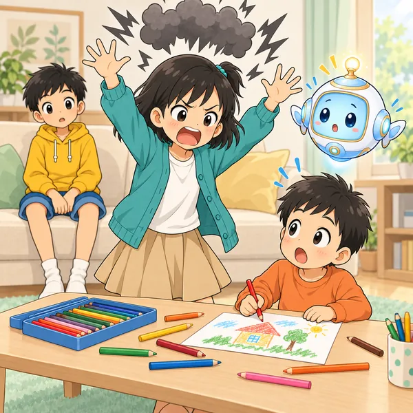 がまんがばくはつして、ミオが大声を出し、弟がびっくりしている。