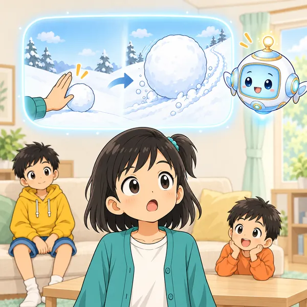 AIロボットが、小さい雪玉のうちに止める絵と、大きくなった雪玉の絵を見せている。