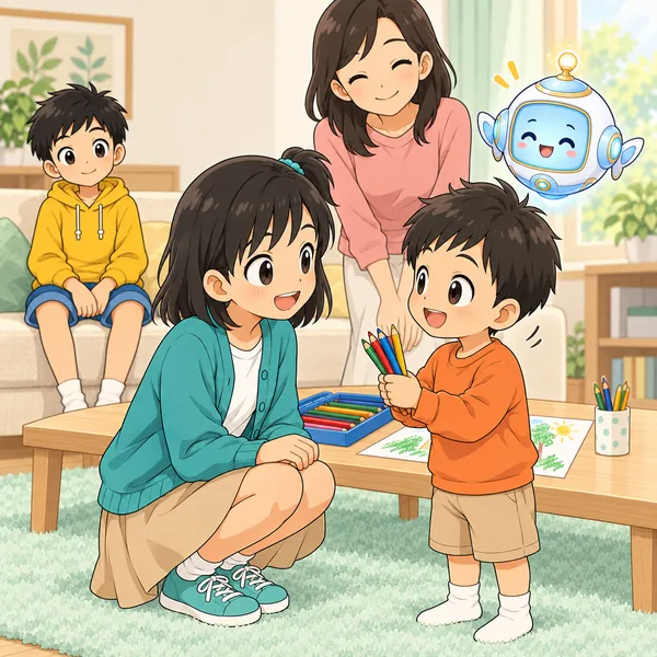 ミオが弟と目線を合わせて、使う前に聞いてねとおだやかに話している。