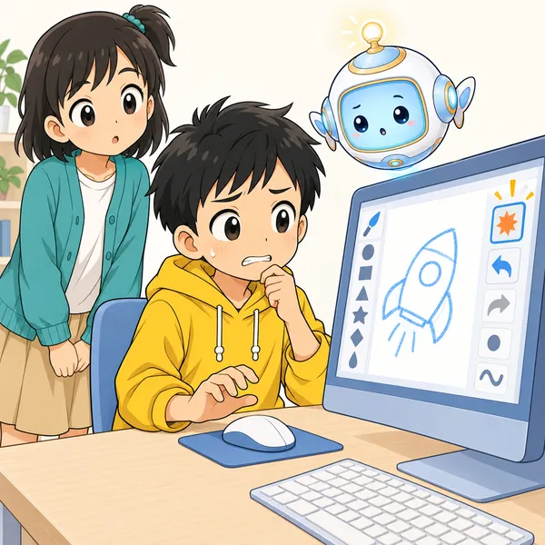 ハルがパソコンの前で、知らないボタンを前にして、こわくて手が止まっている