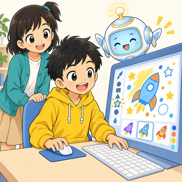 アイが浮かび、ハルが安心していろいろなボタンを試している