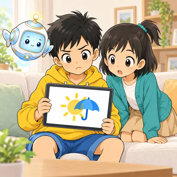 リビングで、天気アプリの晴れマークにかさのマークが重なり、ハルがまゆをひそめている。