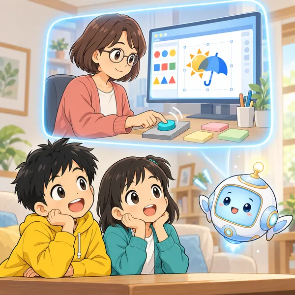 光の窓の中で、めがねの女性がパソコンで同じボタンを何度も押して試している。