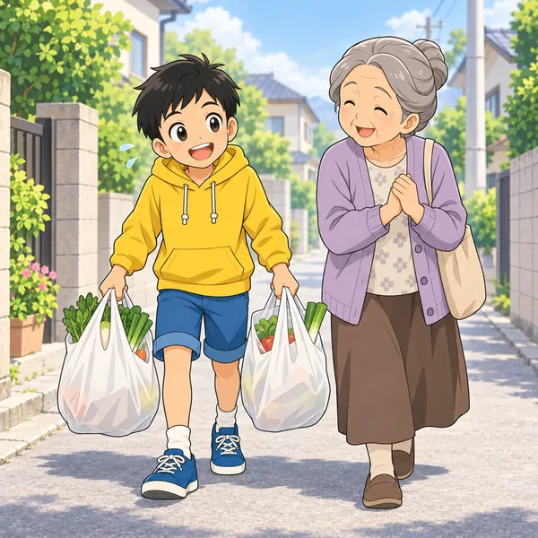住宅街の道。ハルが近所のおばあさんの重い買い物袋を運ぶのを手伝っている