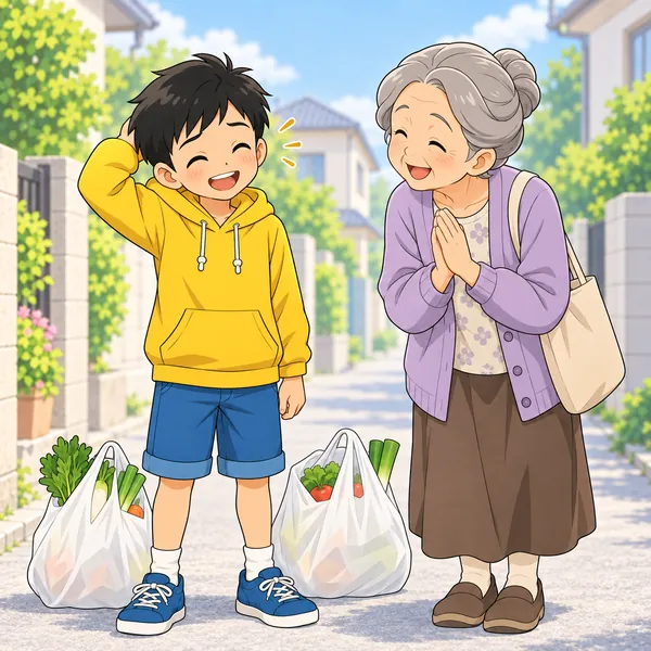 おばあさんがにっこりと笑って感謝している