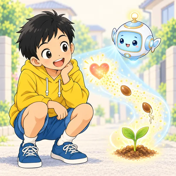 アイが、ありがとうの言葉が小さな種になって芽を出す場面を見せている