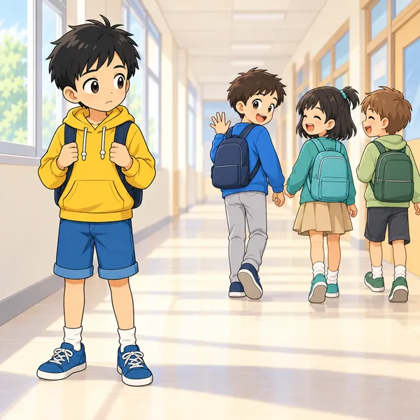 休み時間、友だちが別の子たちと先へ行き、ハルがぽつんと立っている。