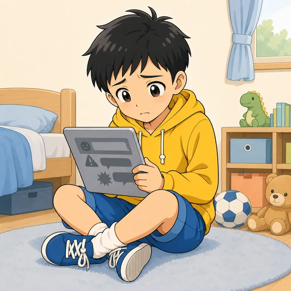 ハルがタブレットでいやなメッセージを受け取り、一人で部屋でこまって落ちこんでいる