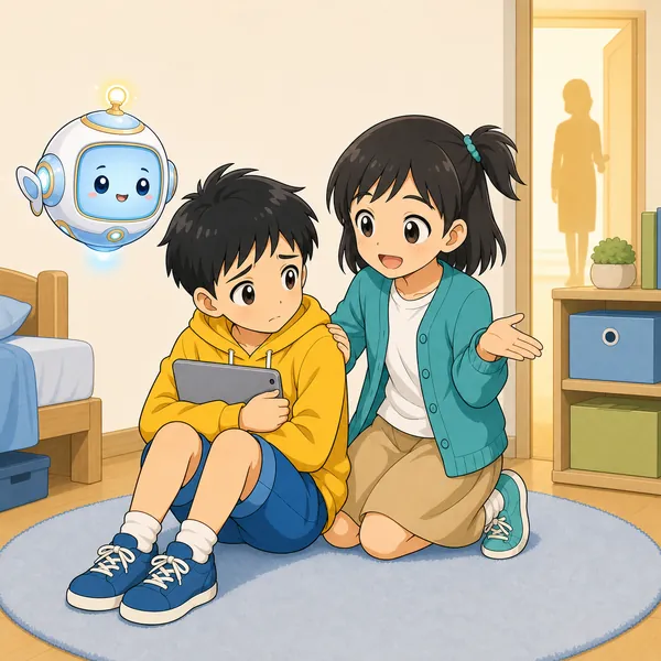 ミオとアイがハルのそばに来て、一人で抱えこまず大人に話していいと、やさしく寄りそっている