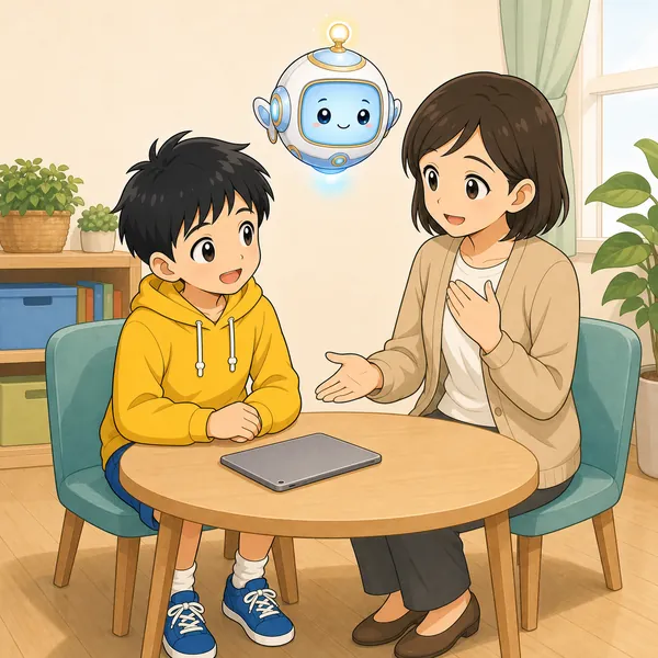 ハルが信頼できる大人(先生のようなやさしい大人)に相談して、ほっと安心した表情になっている