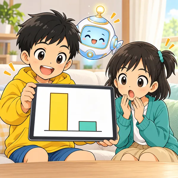 タブレットの棒グラフで、ハルの棒がミオの棒の何倍も高く見え、ハルが得意げにしている。