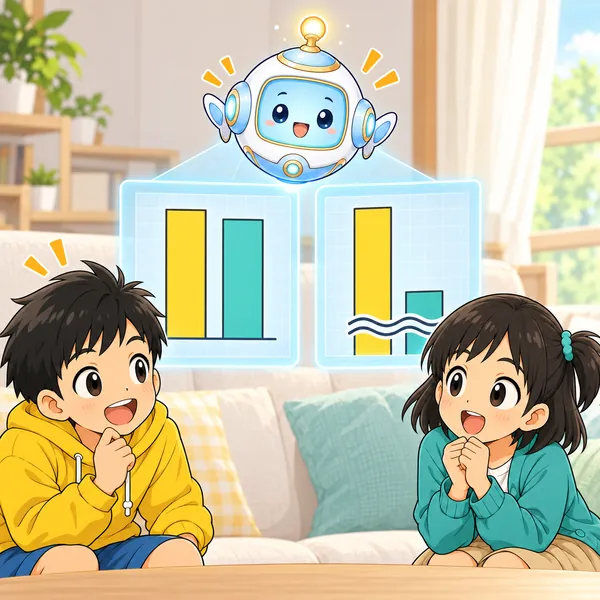AIロボットが、床から描いた棒グラフと、下を省いた棒グラフを並べてうかべている。