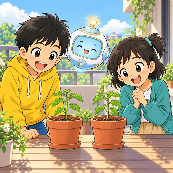 ほとんど同じ高さの苗を並べて、ハルとミオが笑い合っている。