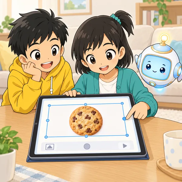 ミオがタブレットでまん丸のクッキーの写真を横長の枠に合わせようとし、ハルが見ている。