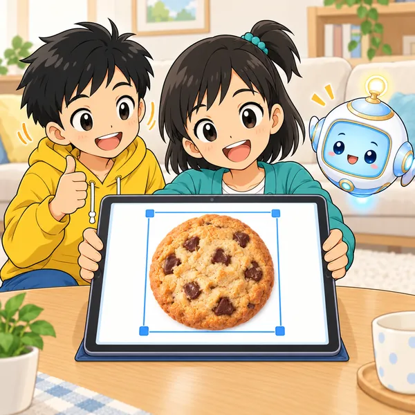 クッキーの写真がまん丸のまま大きくなり、ミオがうれしそうに見せている。
