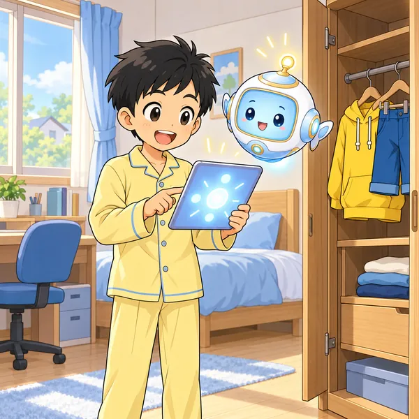 朝、ハルがタンスの前で、今日の服をAIに聞いている。