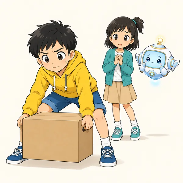 ハルが重い荷物を一人で運ぼうとして、こまっている