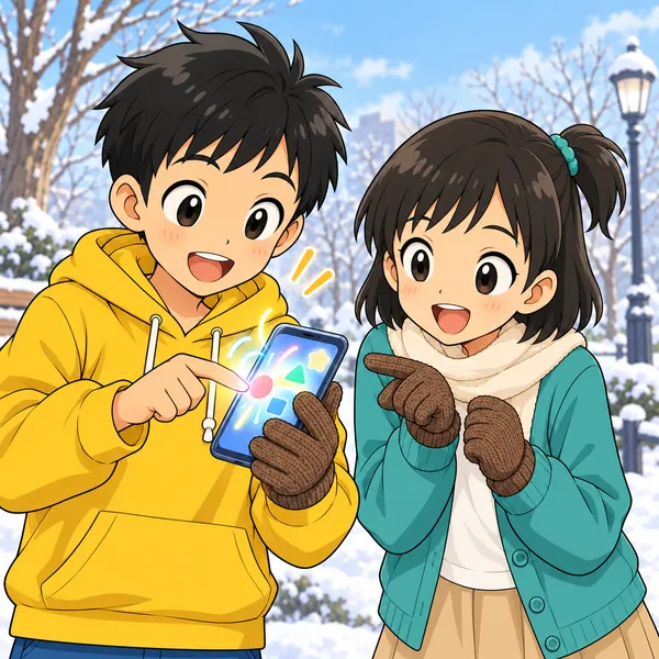手ぶくろをはずしたハルの指で画面が動き、ミオが指さしておどろいている。