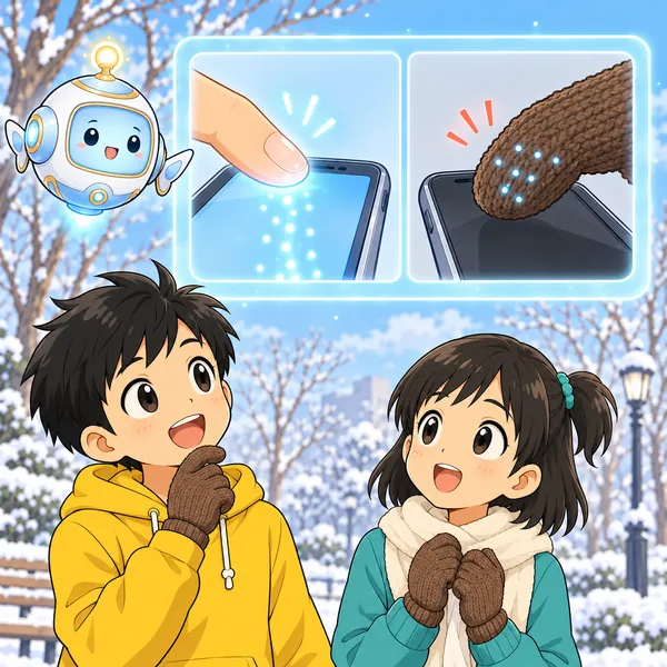 AIロボットが、指先から画面に流れる光の粒と、手ぶくろでさえぎられる絵を見せている。