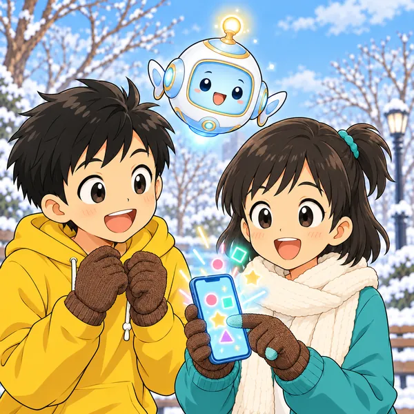 指先だけ色のちがう手ぶくろで、ミオが画面を操作し、ハルが感心している。