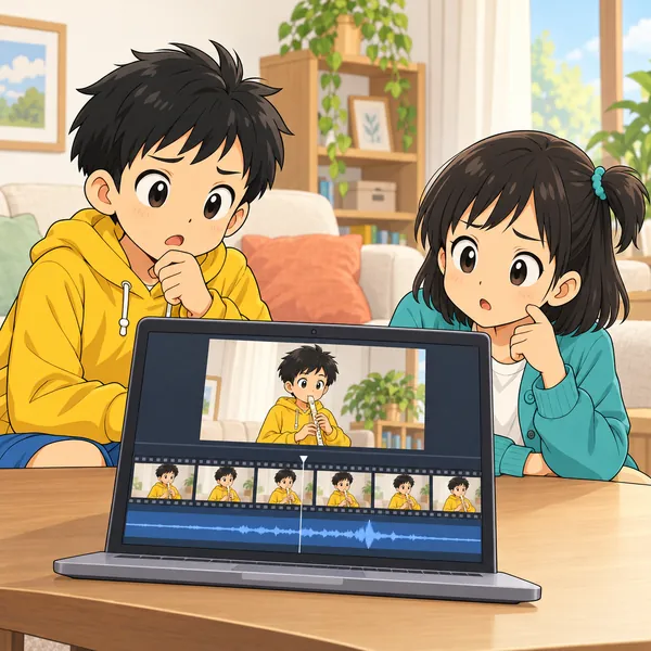パソコンで映像と音を重ねると指と音がずれていて、ハルとミオが首をかしげている。