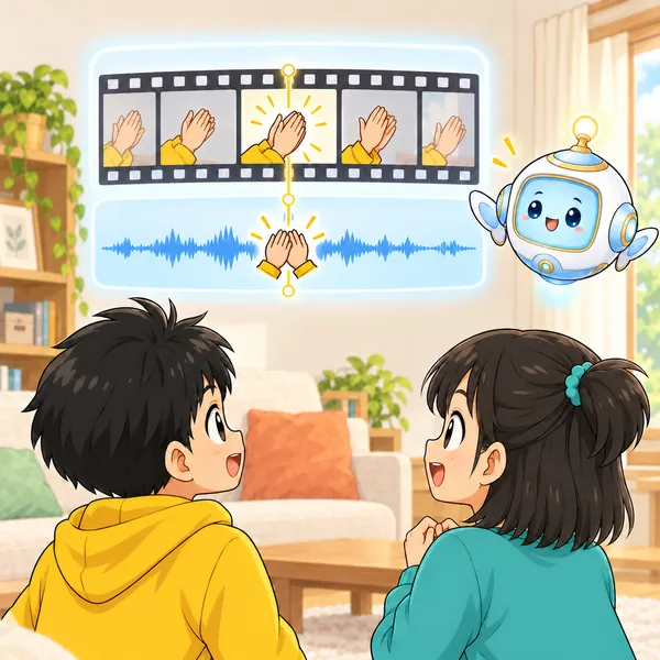 AIロボットが、映像と音の帯の手拍子の目印をそろえる絵をうかべている。