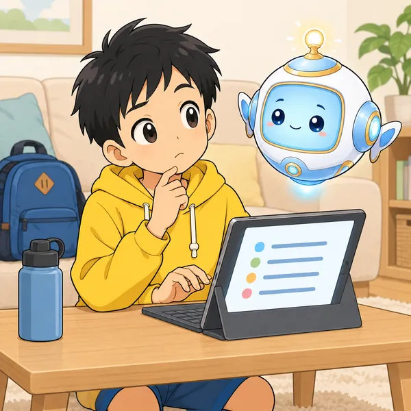 ハルがリビングでタブレットに持ち物リストを打ちながら、絵を入れたくて手を止めている。