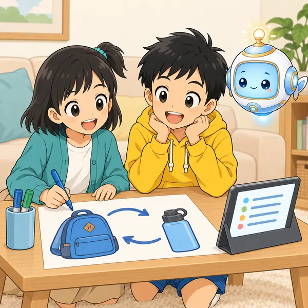 ミオが紙にペンで、リュックや水筒の絵を矢印でつなぎながら自由にかいている。