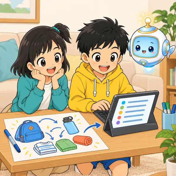 ハルが紙で考えを広げ、タブレットでリストにまとめ、ミオとAIロボットが笑顔で見ている。