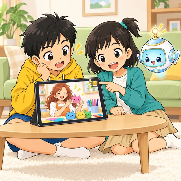 ミオが、動画の画面のすみの小さな印を指さしている。