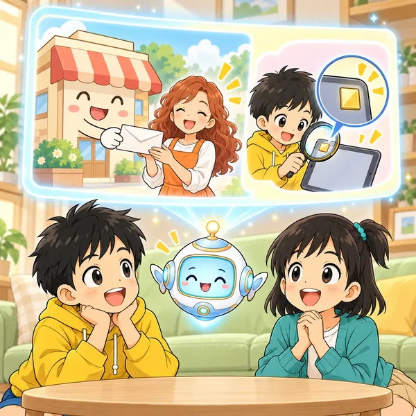 AIロボットが、笑う人の後ろからお店が手紙をわたす絵と、小さな印を見つける子の絵を見せている。