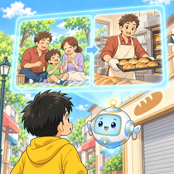 AIロボットが、パン屋さんが休む絵と、次の日元気に働く絵を見せている。
