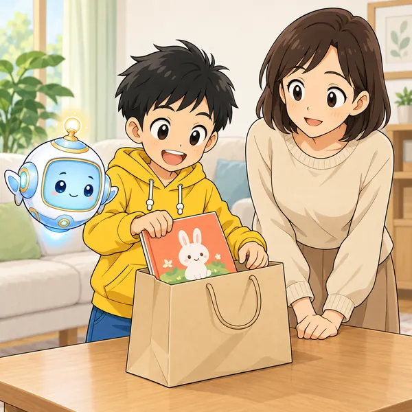 ハルが売れた絵本を、ふくろにそのまま入れようとしている。お母さんがそばにいる。