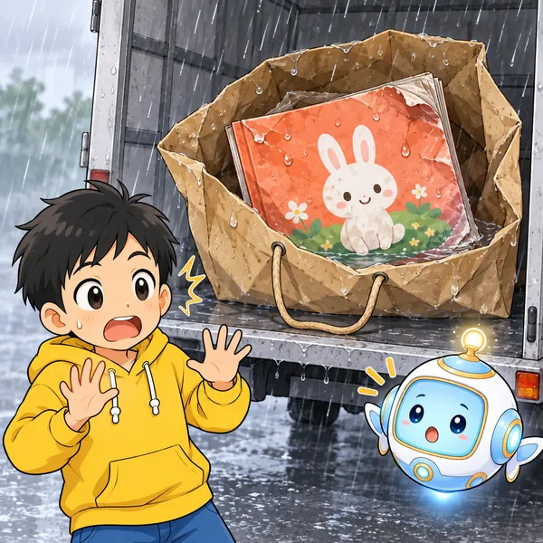 ハルが、雨のトラックで絵本がぬれてかどが折れる場面を想像して、あわてている。